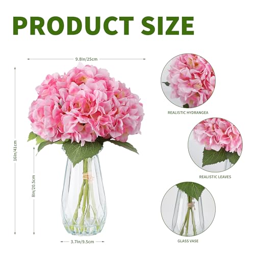5-Piece Artificial Hydrangea Arrangement in Glass Vase - Fade-Resistant Silk Flowers with Faux Water for Table Centerpieces - color: Multi-hydrangea Stem in Vase, size: Pink