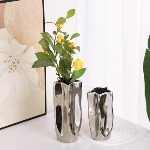 Wave Ceramic Vase - Modern Silver Shiny Finish, Pentagon Shape for Dried Flower Arrangement for Living Room Bedroom Office Decor, Large, 11" H - size: Large, 11.2 inch