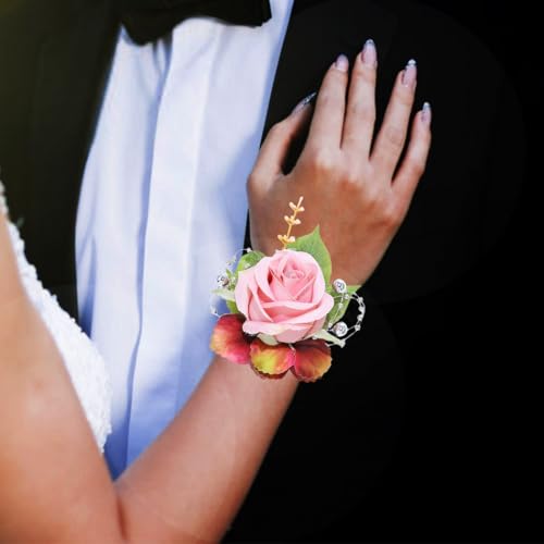 Rose Wrist Corsage Prom Corsages Wristlet Bridal Hand Flower for Women and Girls (Pink) - color: Pink