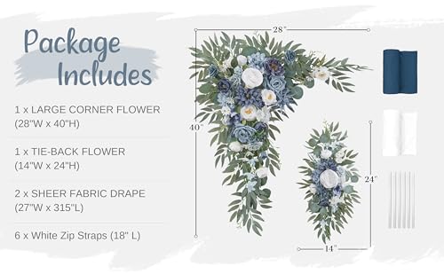 Wedding Arch Flowers with Drapes Kit (Pack of 4) - 2pcs Artificial Dusty Blue Deluxe Swag with 2pcs Sheer Drapes for Wedding Ceremony Arbor Reception Backdrop Rose Floral Decoration - color: Dusty Blue