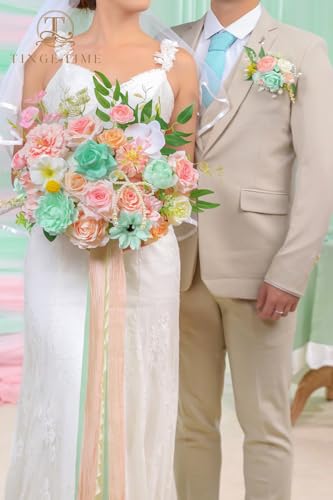 TINGE TIME 13 Inch Wedding Bouquets for Bride,Bridal Bouquet for Bride, Artificial Silk Flowers for Wedding Ceremony and Anniversary (Mint Green & Pink) - color: Mint Green & Pink