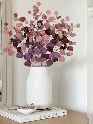 Maroon Eucalyptus Stems Fake Eucalyptus Leaves 34” Long Silver Dollar Leaves 5 Pcs Silk Eucalyptus Stems for DIY Bouquet Arrangements Centerpieces Shower Decorations-Artificial Eucalyptus Spray - color: Maroon