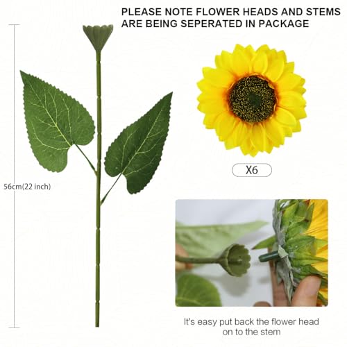 Olrla Long Stem Artificial Sunflower 6pcs, Yellow Fake Sun Flowers Single Stem for Table Centerpiece, DIY Arrangement,Vintage Cottage Decor (NO VASE) - color: Bright Yellow Long Stem