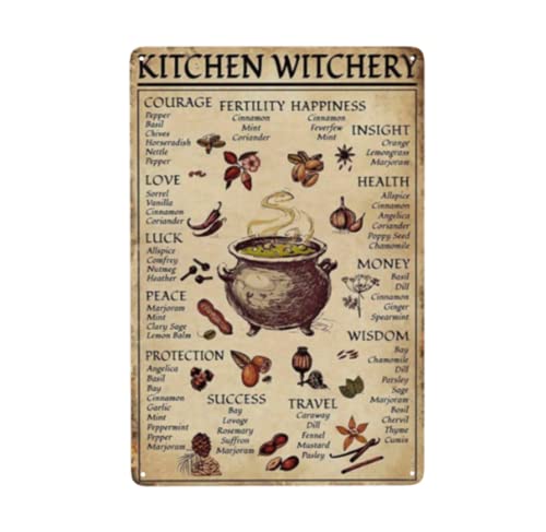 EMOHAT kitchen witchery Spice and Cooking Herbs Witchcraft Witch Fun World Education Science Classroom Infographic Funny Metal Tin Sign halloween Decorative School Farm Wall Decor 8x12 inch