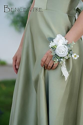 White Corsages for Wedding(Set of 6),Corsages for Prom,Party Prom Hand Flower Decor,Mother of The Bride Corsage,Bridesmaid Wrist Corsage - color: White&greenery