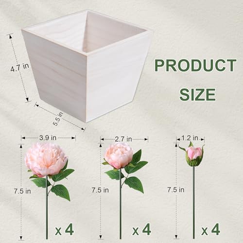 Artificial Hydrangea Flowers Arrangement in Wood Planter, 4PCS Fake Flowers in Wooden Vase Potted Floral Centerpieces for Tables Living Room Home Office Kitchen Decor (Light Pink Peony) - color: Light Pink Peony