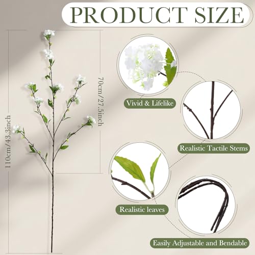 4 Pcs Artificial Plants Flowers 43" Faux Greenery Long Stem Branches for Vase Realistic Silk Fake Snowball Viburnum Artificial Hydrangea Flowers for Tall Vase Home Table Decor(White) - color: White