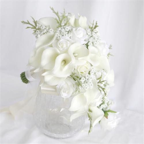 Wedding Bouquets for Bride Artificial White Calla Lily Water Drop Waterfall Bouquets Bridal Cascading Bouquet Flowers for Wedding Bridal Shower Ceremony Anniversary (White Bouquets) - color: White Bouquets
