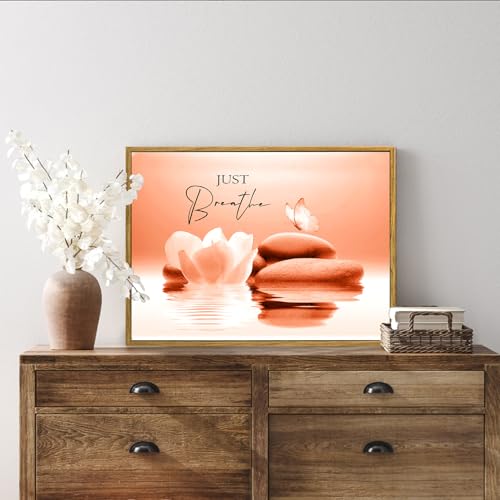 LB Zen Wall Art for Bathroom White Floral Bloom in Water Abstract Canvas Wall Art Wall Paintings Home Decor Orange Butterfly Wall Pictures for Living Room Bedroom Office Ready To Hang,17x12 Inch - color: Orange, size: 12"L x 17"W