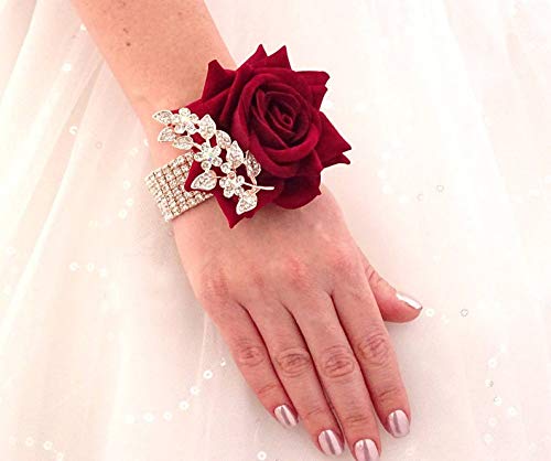 Bride Water Drop Wine Red Bouquet Luxury Jewelry Proposal Bridesmaid Bouquet Groom Corsage Bride Wrist Flower Wedding Decoration (Wine Red Bridal Wrist Flower, 10cm, Artificial Rose, 1 Count) - color: Wine Red Bridal Wrist Flower