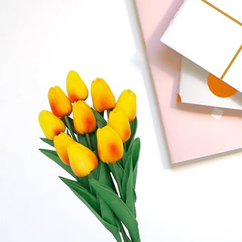 Gold Flowers Fake Tulips Artificial Flowers, 13 Inch Real Touch Tulip Flowers Bouquet for Vase, Mother's Day Easter 10 Pcs - color: Gold