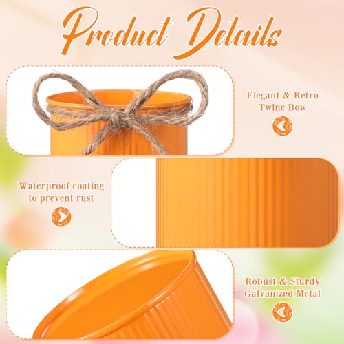Rustic Vase for Table Centerpieces 4.33 Inch Small Petite Flower Vase with Twine Bow Vintage Farmhouse Decor for Wedding Reception Dining, Home Galvanized Metal Buckets(Orange,12 Pcs) - color: Orange