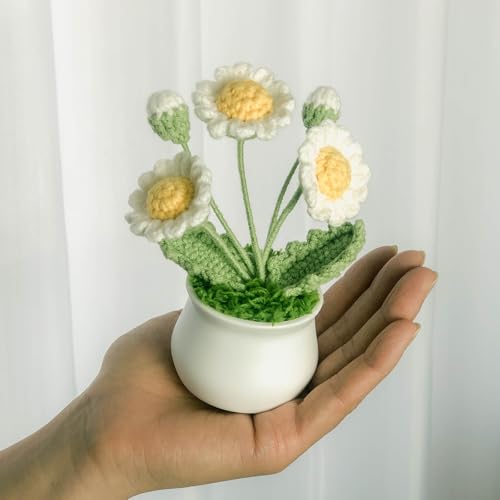 Joekaran Crochet Flowers Cute Little Potted Flower, Birthday Gifts for Women, Mother's Day, Teacher’s Day, Graduation, Anniversary, Desk Decor, Home Office Decoration (White Daisy) - color: White Daisy