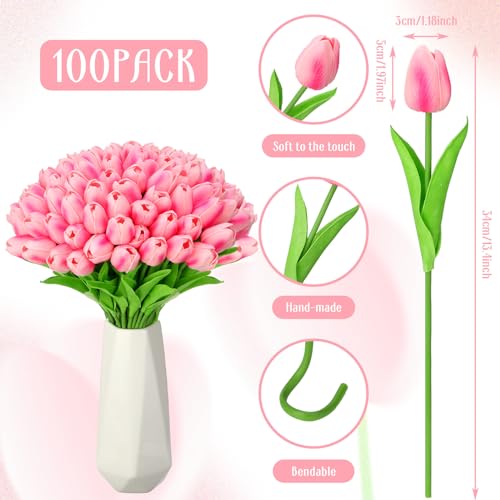 Jexine 100 Pcs Artificial Real Tulips Fake Artificial Tulip Flower Bulk Bouquet with Stem for Table Centerpieces Wedding Bridal Easter Mother's Day Garden Home Decor, 13.4''(Purple Rose) - color: Purple Rose