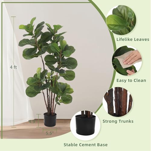 GlowSol Faux Fiddle Leaf Fig Tree, 4 Ft Artificial Ficus Lyrata Plant with 72 Fiddle Leaves, Fake Floor Plant in Pot for Indoor Outdoor Living Room House Office Bedroom Decor - size: 3ft 11in