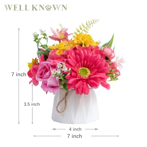 WELL KNOWN Small Fake Flowers in Plastic Vase 7" Centerpieces Coffee Table Decor, Silk Flower Arrangements for Home Decor Indoor Artificial Flower Bouquet for Dining Room Kitchen Wedding Yellow Pink - color: Pink & Yellow