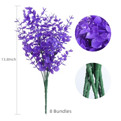 RECUTMS Artificial Plants Outdoor Artificial Ferns for Outdoors Purple Plants Outside Plastic Flowers for Outdoor Artificial Boxwood Greenery Fake Plants for Window Box,8 Pcs(Pure Purple Eucalyptus) - color: Pure Purple Eucalyptus, size: 8 Pcs