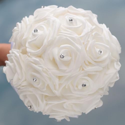 Wedding Bouquets for Bride, Bridal Flowers for Wedding, Bride Bridesmaid Hand Flowers Bridal Bouquet Crystal Diamond Silk Roses, Artificial Flowers Bouquet for Church Wedding Party (Purple) - color: Purple