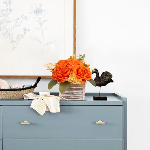 Flower Arrangement with Wooden Vase 8" Artificial Flowers in Pot - Fake Flowers Roses Peonies Hydrangeas in Wooden Vase Potted Artificial Flower Centerpieces for Table Decor Living Room - Burnt Orange - color: 8"h Burnt Orange