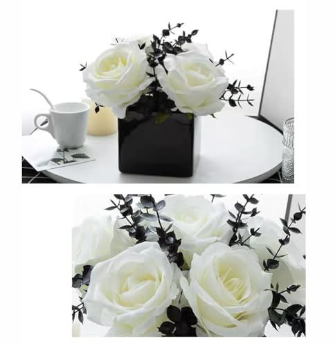 LADADA Artificial Flowers with Small Ceramic Vases, Roses in Vases Plastic Artificial Flowers and Plants,Used for Home Office Wedding Decoration, Table Decoration(White+Black) - color: White+black