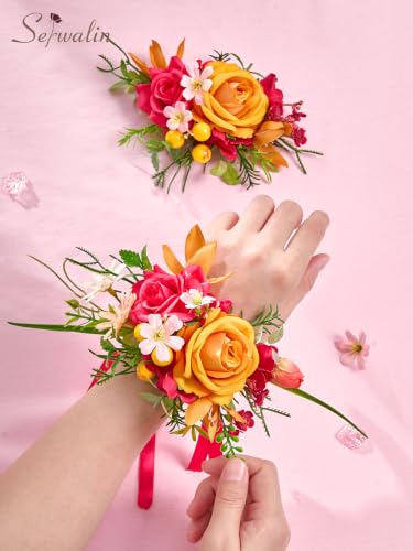 Serwalin Corsage and Boutonniere Set,2Pcs Hot Pink and Orange Rose Corsage Wristlet and Pocket Boutonniere for Men Prom Wedding Homecoming Anniversary Graduation - color: Hot Pink and Orange