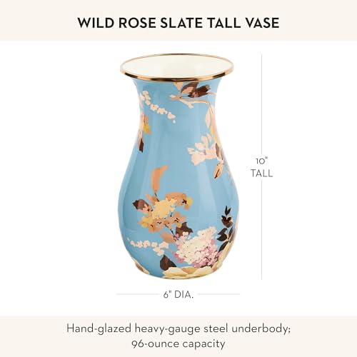 MACKENZIE-CHILDS Tall Enamel Vase, Unique Flower Vase Decor for Living Room, Wild Rose Slate - color: Slate Wild Rose