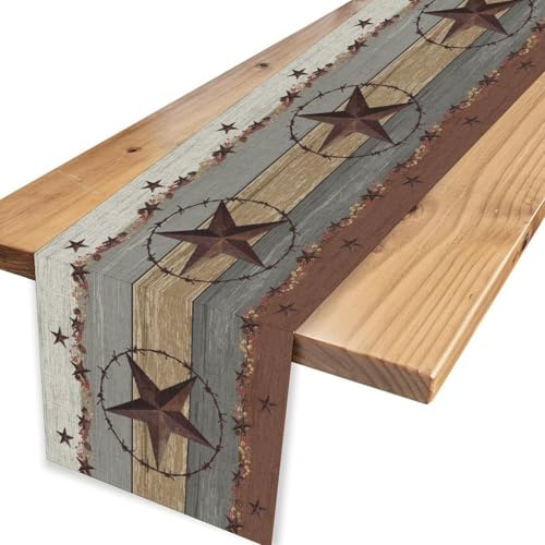 Western Texas Table Runner, Rustic Farmhouse Brown Wooden Plank Cowboy Star Country Barn Coffee Table Center Decor for Family Kitchen Outdoor Farmhouse Holiday Party Table Decorations, 13"x36" - color: Texas-6, size: 13“ X 36"