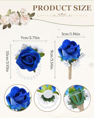 eZAKKA Wristlet Corsage and Boutonniere Set, Blue Corsage for Men, Flower Rose Wrist Corsage Bracelets Decorations for Wedding Party Prom Suit - color: blue