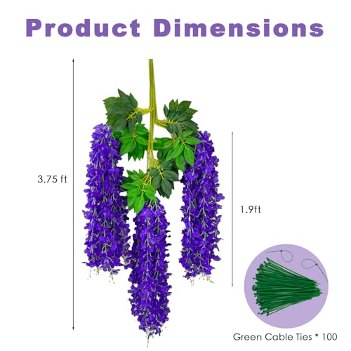 BIRDDIE 24 Pcs of Artificial Wisteria Hanging Flowers, 3.75 Feet Fake Wisteria Flower Strings for Backdrop, Wedding, Ceremony,Garden and Home Wall Decoration (Dark Purple) - color: Dark Purple, size: 24 pcs