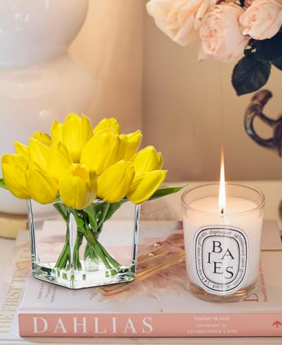 DILATATA Artificial Yellow Tulips in Vase with Faux Water 5.5" Real Touch Flowers Fake Tulips Small Flowers Arrangement in Cube Glass Vase for Mother's Day Table Centerpiece Wedding Home Decor - color: Square Vase/Yellow/1 Set