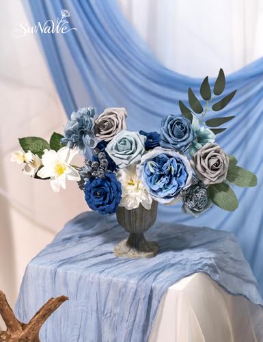 Dusty Blue Flowers Artificial Roses Combo Set Fake Royal Blue Silk Flowers Faux Peony Flowers Mix Dahlia with Stems for Wedding Bouquets Baby Bridal Shower Party Floral Arrangements Decor - color: Dusty Blue, size: The Modern Classic