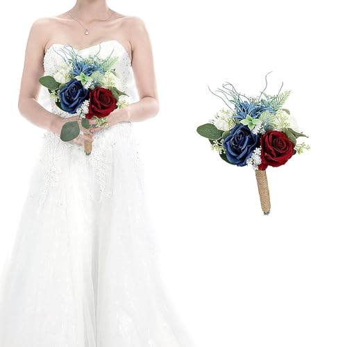 Bridesmaid Bouquets for Wedding 1 Pack - 9 Inch Artificial Flowers Bouquets for Ceremony Anniversary Centerpieces Decorations - Burgundy & Navy Blue & White - color: Burgundy & Navy Blue, size: Set of 1 Bridesmaid Bouquets