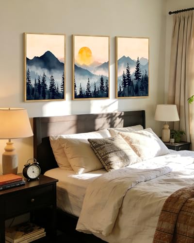 PHOPAGO Blue Fog Pine Tree Mountain Landscape Framed Wall Art Large 16x24in Retro Watercolor Nature Misty Forest Artwork Paints Sun Rise Rustic Farmhouse Home Decor - Natural Framed - color: Blue Mountain, size: 24L" x 16W" x 3 Pcs Natural