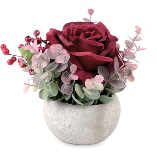 Faux Flowers in Pot, Burgundy Rose Artificial Flowers with Pot Small Potted Plants for Desk Home Office Shelves Living Room Floral Decorations - color: 1 Pack Burgundy Rose