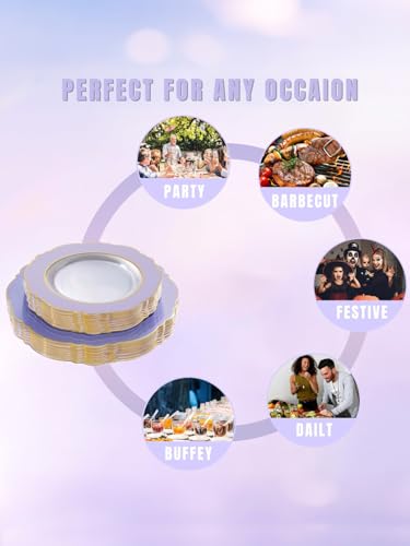WDF 60pcs Clear Purple Plates Disposable with Gold Rim - Baroque Lavender Purple Plastic Plates for Party/Wedding/Spring/Picnic - color: Purple and Gold, size: 60PCS