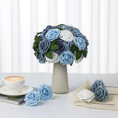 100 Pcs Artificial Foam Rose Flower Faux Bouquet Wedding Fake Rose Gift for Mother's Day Women DIY Bridal Shower Party Table Birthday Home Spring Decor (Blue and White Gradient) - color: Blue and White Gradient