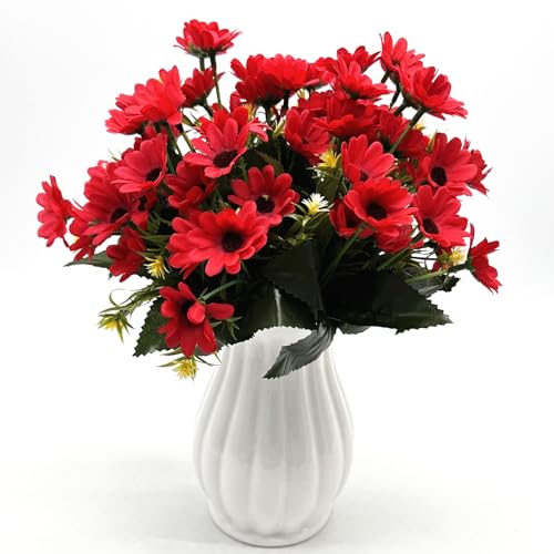 Artificial Daisy Flowers, Fake Silk Daisies Mini Flower Decor, Plastic Plants Marguerites Bushes Stems Faux Greenery Bundles Plant for Indoor Outdoor Verandah Wedding Party Decoration - Red 4 Bouquet - color: Daisy - Red - 4 Bundles