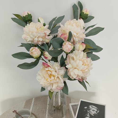 Ivory White Peonies Artificial Flowers,4 Pcs Fake Silk Peonies with Stems Real Look,Peony Bush for Home Decor (4, Ivory White) - color: White