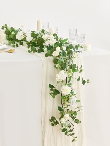 MISSPIN 5.9Ft Eucalyptus Garland with Flowers, Artificial Fake Flower Greenery Spring Garland for Baby Shower Wedding Mantle Table Centerpiece Spring Decor - color: White