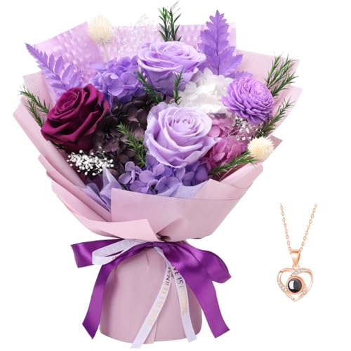Casaido Preserved Flowers for Delivery, Mothers Day Purple Flower Bouquets with Necklace, Forever Real Roses Anniversary Birthday Valentines Day Christmas Rose Gifts for Women Mom Wife Girlfriend - color: Purple