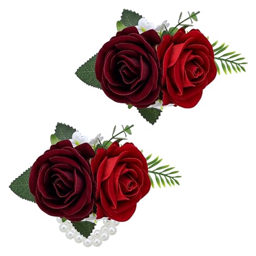 2Pcs Burgundy & Red Rose Wrist Corsage Wristlet Band and Men Boutonniere Set, for Wedding Bride Bridesmaids Groom Groomsmen Accessories Prom Party Artificial Flowers Decorations - color: Burgundy & Red