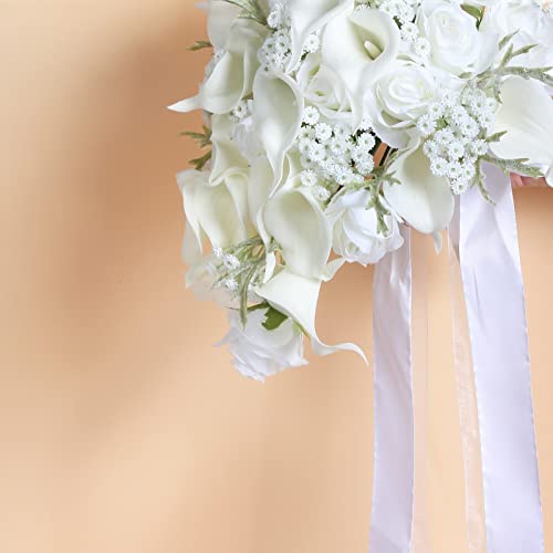 Bride Bouquets for Wedding,11 Inch White Calla Lily Cascading Bridal Bouquet Silk Flowers for Ceremony Anniversary Wedding Bridal Shower(Natural Whites) - color: Natural Whites