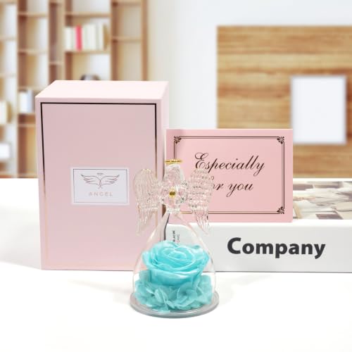 Miofula Gifts for Mom Birthday Gifts for Women, Preserved Flowers Rose in Glass Angel Figurines, Fresh Flowers for Delivery Anniversary Forever Real Roses Gifts for Mothers Grandma Her Wife Girlfriend - color: Pearlescent Sky Blue