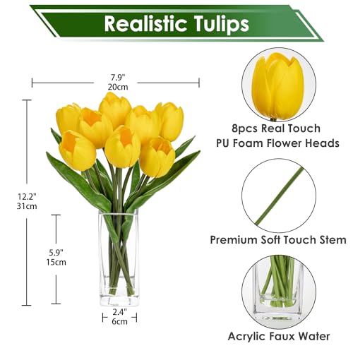 Briful Fake Flowers Artificial Tulip Flower in Clear Vase, Yellow Real Touch Foam Tulip Arrangement Suitable for Home Office Decoration, Dining Table Centerpiece - color: Yellow