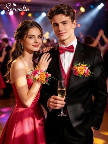 Serwalin Corsage and Boutonniere Set,2Pcs Hot Pink and Orange Rose Corsage Wristlet and Pocket Boutonniere for Men Prom Wedding Homecoming Anniversary Graduation - color: Hot Pink and Orange