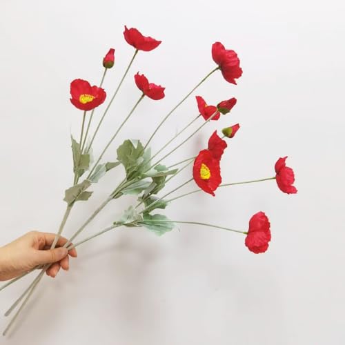 3 Pieces Red Poppies Flowers Artificial,23"Ranunculus Artificial Flowers,Silk Flowers with Stems,Faux Flower Stems for Wedding,Party,Garden Outdoor Indoor Decor Flower Arrangements for Table (Red) - color: Red