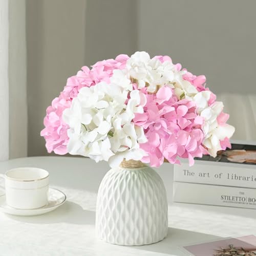 20 Pcs White and Pink Hydrangea Artificial Flowers Bulk, Faux Hydrangea Flowers Heads, Artificial Fake Silk Hydrangea Flowers with Stems, White Flowers Artificial for Decoration Wedding Décor - color: White Pink, size: 20 Pcs