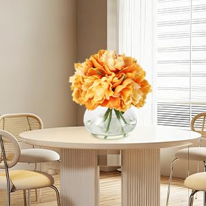 Orange Peony Bouquet in Glass Vase - 6 Piece Artificial Flower Arrangement with Faux Water for Wedding & Home Centerpieces - color: Peony Flowers, size: Orange