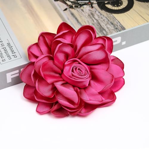 Dainty Satin Rose Flower Brooch Pins for Women Delicate Large Camellia Pins Shawl Clips Duckbill Clips Wedding Prom Banquet Party Jewelry Gift - color: Hot Pink