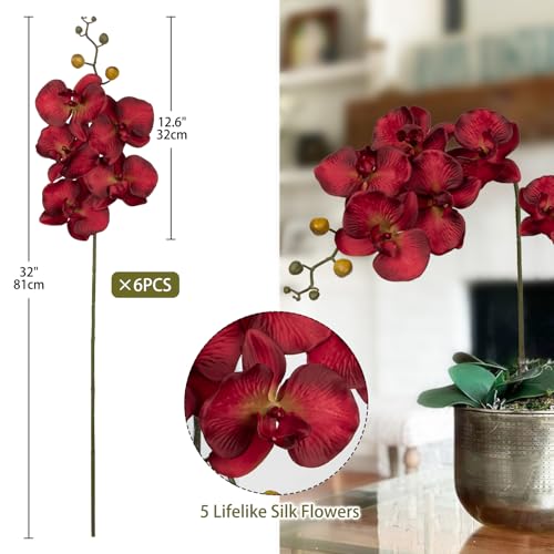 6PCS 32" Artificial Orchid Stems Red Butterfly Orchid Faux Phalaenopsis Flowers for Home Wedding Centerpieces Office Table Decorations Real Touch Silk Orchids for DIY Floral Arrangements - color: Red